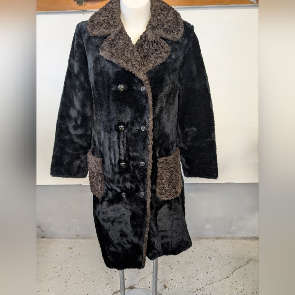 Vintage Black Brown Faux Fur Coat Midi 1970s Faux Boiled Wool Pockets